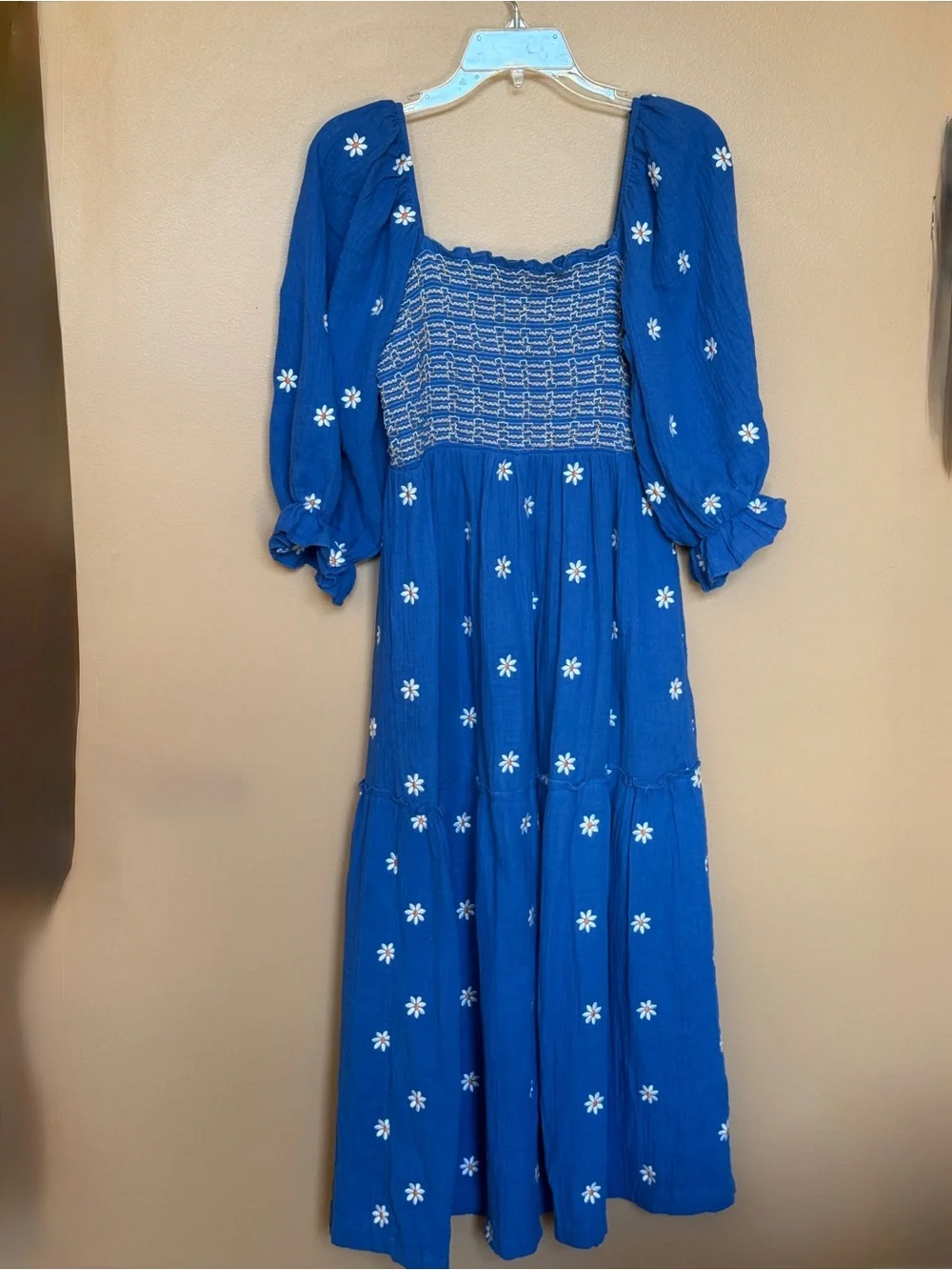 Free People Royal Blue Maxi Prairie Dress with White Daisy Embroidery
